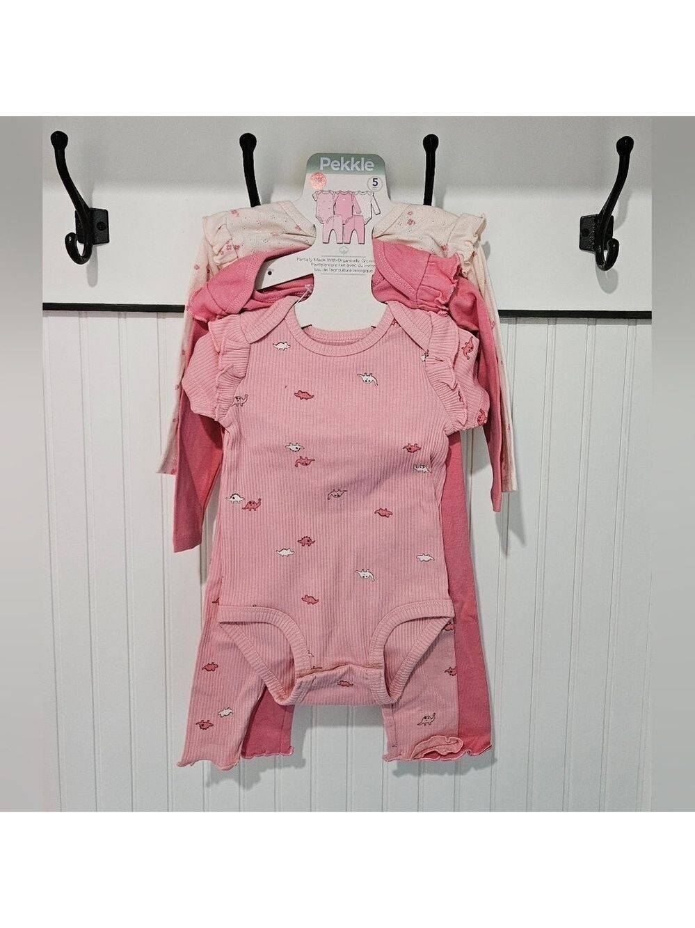 Pekkle Pink and Cream Dinosaur Baby 5 Piece Set, New in Package, 9 Months